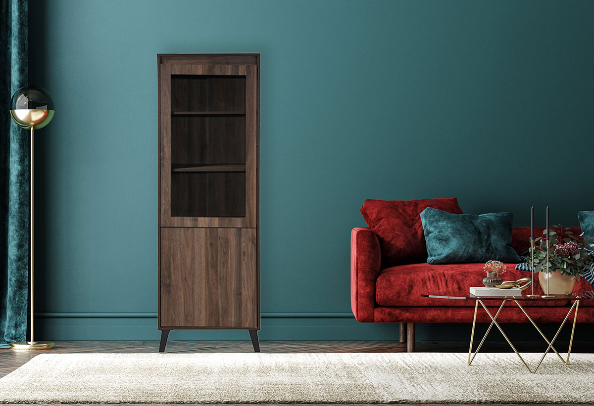 Απεικονίζεται ένα μοντέρνα βιτρίνα, τοποθετημένη σε ένα χώρο σαλονιού.